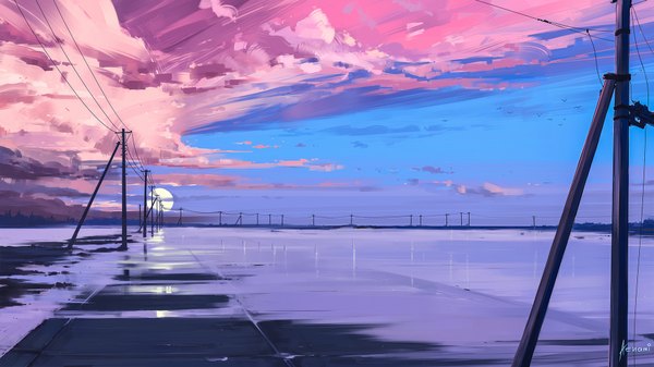 Anime picture 1920x1080 with original aenami highres wide image signed sky cloud (clouds) reflection no people scenic plant (plants) tree (trees) moon full moon power lines road pole telephone pole