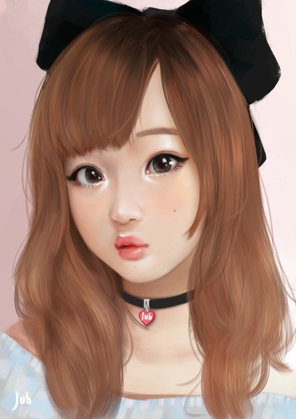 Anime picture 1191x1684 with real life metta coraima jubi (regiana) single long hair tall image looking at viewer fringe brown hair signed blunt bangs black eyes realistic mole lipstick portrait pink lipstick girl bow hair bow