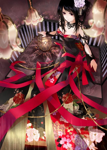 Anime picture 715x1000 with original tyouya single long hair tall image black hair red eyes sitting hair flower girl dress flower (flowers) ribbon (ribbons) lamp