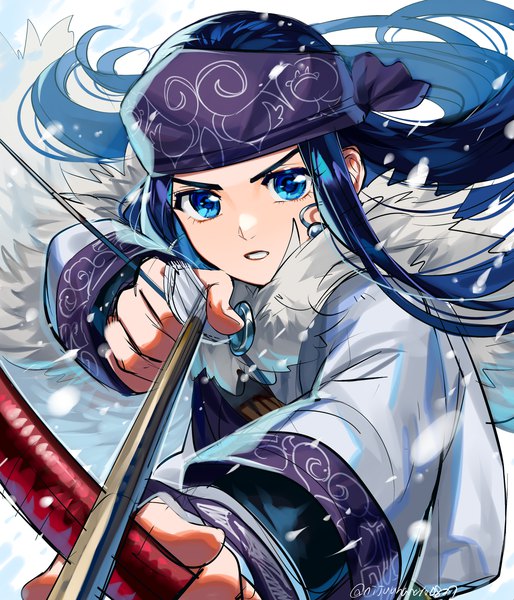 Anime-Bild 3000x3500 mit golden kamuy asirpa miyukiyo single long hair tall image highres blue eyes signed blue hair looking away traditional clothes parted lips twitter username snowing archery ainu clothes girl weapon earrings