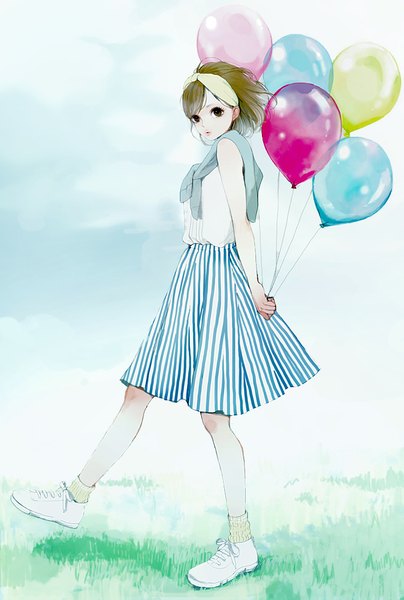 Anime picture 674x1000 with original ma (893206) single tall image looking at viewer short hair brown hair holding black eyes sleeveless hands behind back striped walking girl skirt plant (plants) socks shoes hairband grass