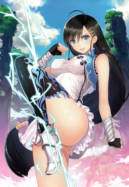 Anime picture 4792x6918 with shining (series) blade arcus from shining pairon tony taka single long hair tall image blush fringe highres breasts open mouth blue eyes light erotic black hair smile hair between eyes large breasts standing bare shoulders