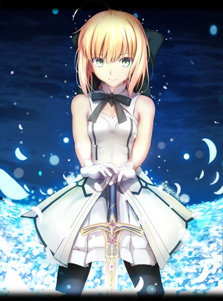 Anime picture 1700x2292 with fate (series) fate/stay night fate/unlimited codes type-moon artoria pendragon (all) saber saber lily magicians (zhkahogigzkh) single tall image looking at viewer fringe short hair blonde hair smile standing bare shoulders green eyes signed ahoge