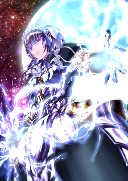 Anime picture 905x1280 with overlord (maruyama) madhouse narberal gamma budda single long hair tall image fringe hair between eyes parted lips light smile night from below maid puffy sleeves night sky looking down magical girl lightning girl