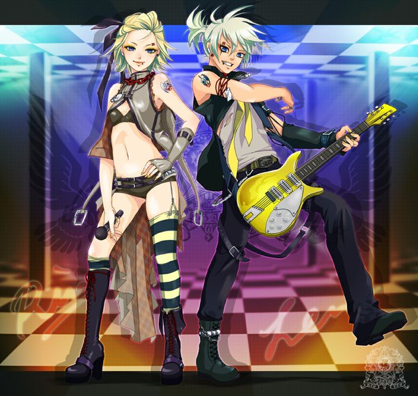 Anime picture 1053x1000 with vocaloid kagamine rin kagamine len short hair blue eyes blonde hair inscription tattoo piercing checkered floor twins music girl thighhighs boy gloves earrings wings shorts chain
