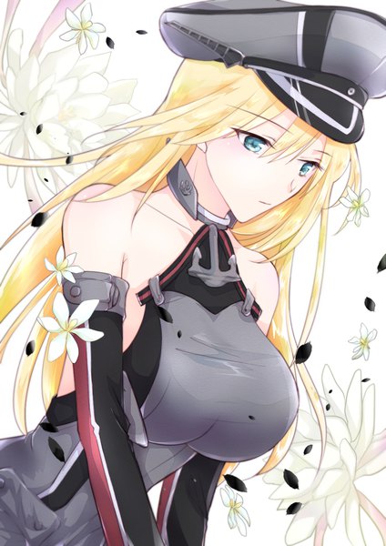 Anime picture 1191x1684 with kantai collection bismarck battleship l s (23798254) single long hair tall image blush fringe breasts blue eyes simple background blonde hair hair between eyes large breasts white background bare shoulders looking away upper body girl uniform