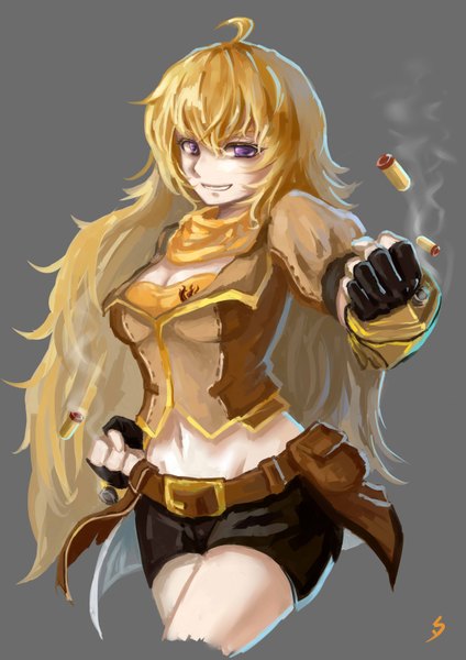 Anime picture 2480x3507 with rwby rooster teeth yang xiao long yuugyou you (pixiv) single long hair tall image looking at viewer highres breasts simple background blonde hair smile purple eyes cleavage ahoge smoke girl gloves shorts