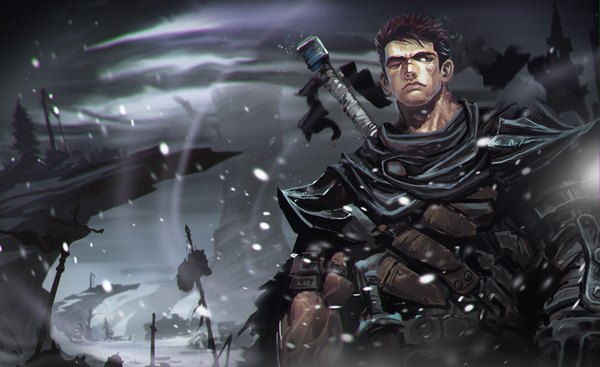 Anime picture 1920x1175 with berserk guts lethung5 single highres short hair brown hair wide image standing looking away cloud (clouds) upper body outdoors one eye closed wind black eyes night night sky torn clothes snowing