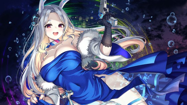 Anime picture 1920x1080 with space leaper: cocoon cenangam single long hair looking at viewer blush fringe highres breasts open mouth light erotic smile red eyes wide image large breasts standing animal ears cleavage silver hair :d