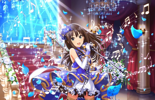 Anime picture 2560x1648 with idolmaster idolmaster cinderella girls idolmaster cinderella girls starlight stage shibuya rin annindoufu (oicon) single long hair looking at viewer blush fringe highres open mouth blue eyes smile brown hair bare shoulders :d official art singing treble clef