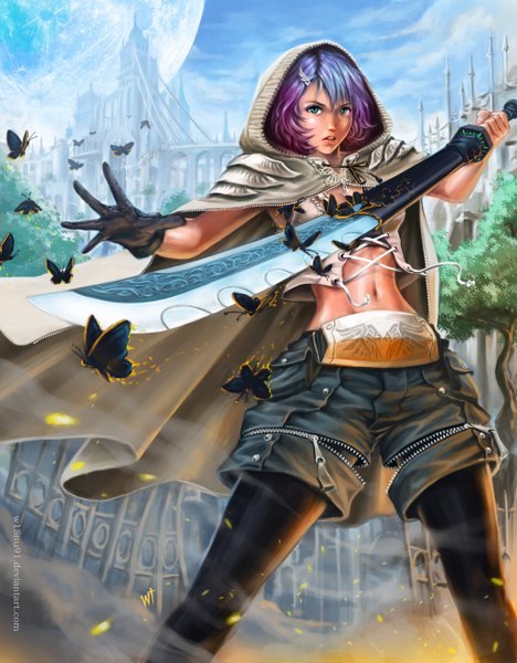 Anime picture 1024x1311 with original w15nu91 single tall image looking at viewer fringe short hair breasts blue eyes holding sky purple hair multicolored hair lips two-tone hair glowing fighting stance serious girl gloves