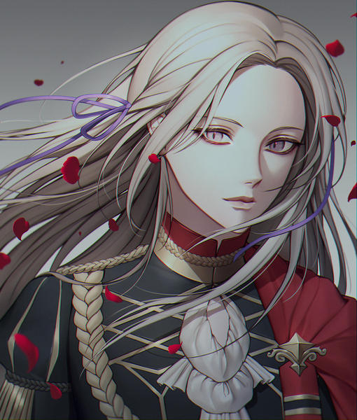 Anime picture 1200x1411 with fire emblem fire emblem: three houses nintendo edelgard von hresvelg mohazzing single long hair tall image looking at viewer simple background purple eyes upper body lips grey hair grey background girl uniform ribbon (ribbons) hair ribbon petals