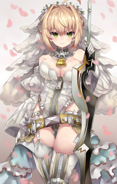 Anime picture 866x1354 with fate (series) fate/grand order fate/extra nero claudius (fate) (all) nero claudius (fate) nero claudius (bride) (fate) shiodome oji single tall image looking at viewer blush fringe short hair breasts light erotic blonde hair smile hair between eyes large breasts bare shoulders