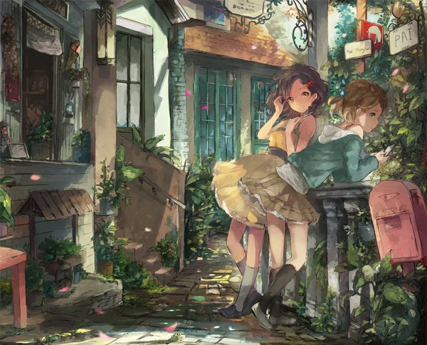 Anime picture 1158x936 with original ooi choon liang looking at viewer short hair black hair brown hair multiple girls brown eyes green eyes girl dress skirt 2 girls plant (plants) miniskirt socks black socks