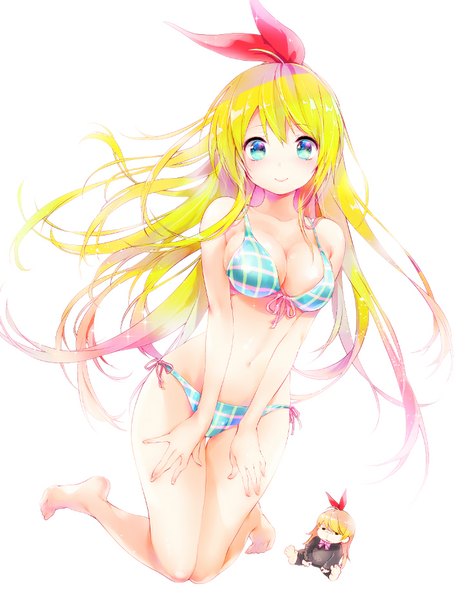 Anime picture 730x930 with nisekoi shaft (studio) kirisaki chitoge koshika rina long hair tall image looking at viewer fringe breasts blue eyes light erotic simple background blonde hair smile standing white background bare shoulders pink hair bent knee (knees) multicolored hair