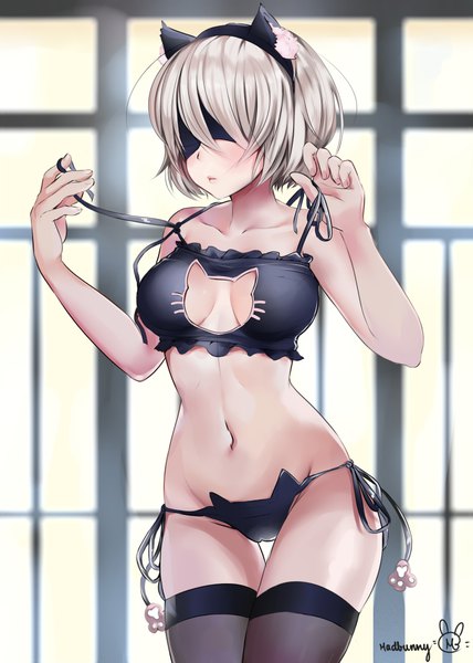 Anime picture 5905x8267 with nier nier:automata yorha no. 2 type b madbunny single tall image blush fringe highres short hair breasts light erotic blonde hair standing bare shoulders signed animal ears absurdres silver hair arm up