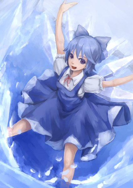 Anime picture 2480x3507 with touhou cirno iorlvm single tall image highres short hair open mouth blue eyes blue hair spread arms girl dress bow hair bow wings crystal ice