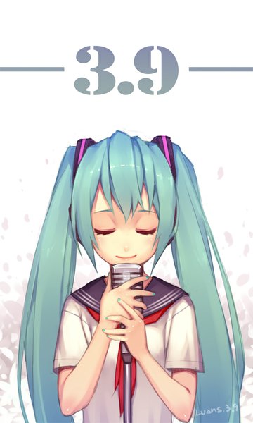 Anime picture 600x1000 with vocaloid hatsune miku lvans single long hair tall image smile white background twintails signed eyes closed nail polish aqua hair 39 girl uniform serafuku microphone