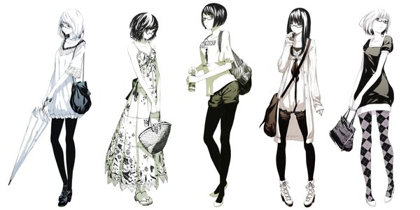 Anime picture 2000x1000 with original sousou (sousouworks) long hair highres short hair black hair wide image white background multiple girls full body white hair casual fashion girl pantyhose glasses shoes shorts umbrella bag