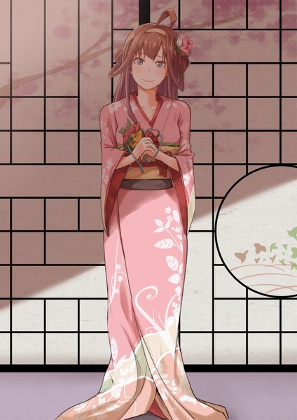 Anime picture 1412x2000 with kantai collection kongou battleship rane (etsu) single long hair tall image looking at viewer blue eyes brown hair ahoge traditional clothes japanese clothes light smile girl dress flower (flowers) kimono rose (roses) obi pink dress