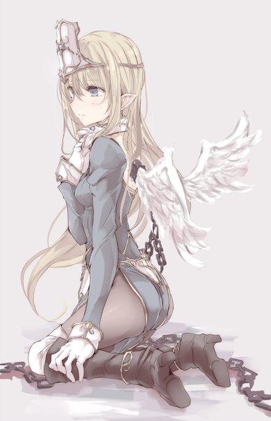 Anime picture 1076x1665 with original touma raito single long hair tall image blush fringe blue eyes simple background blonde hair sitting looking away bent knee (knees) light smile pointy ears pink background white wings girl gloves pantyhose