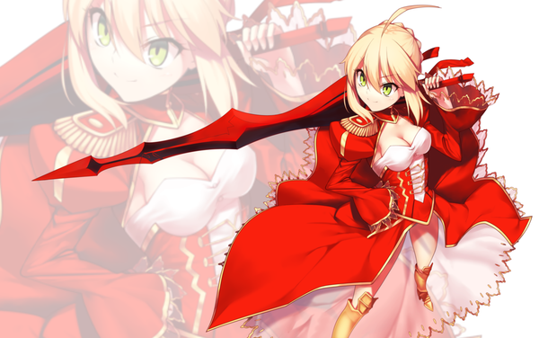 Anime picture 1130x710 with fate (series) fate/extra type-moon nero claudius (fate) (all) nero claudius (fate) kaiza (rider000) single short hair blonde hair green eyes ahoge zoom layer underbust girl dress weapon sword epaulettes