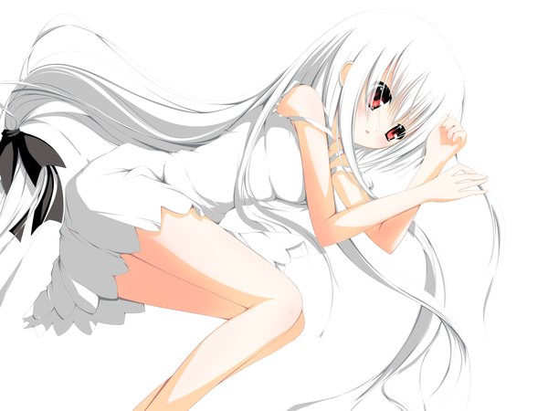 Anime picture 2000x1500 with original airast single blush highres simple background red eyes white background bare shoulders white hair lying very long hair girl dress ribbon (ribbons) hair ribbon white dress sundress