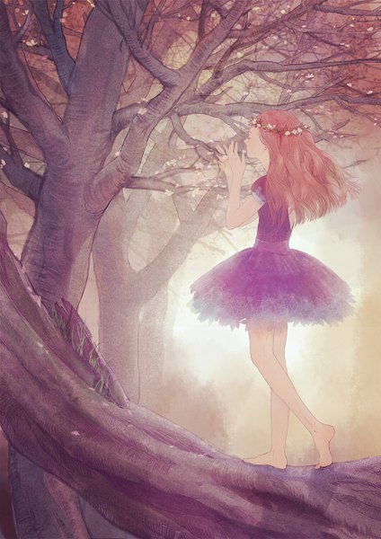 Anime picture 1024x1448 with original aotearoa single long hair tall image brown hair standing full body eyes closed barefoot wavy hair girl dress flower (flowers) plant (plants) tree (trees) grass short dress forest wreath