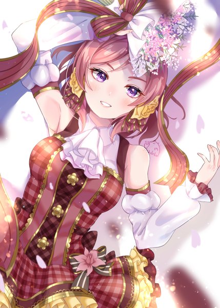 Anime picture 1813x2537 with love live! school idol project sunrise (studio) love live! nishikino maki madoka (madoka25) single tall image looking at viewer blush highres short hair breasts smile purple eyes holding red hair lying parted lips arm up fingernails