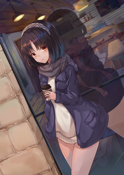 Anime picture 2480x3508 with original usagi an single tall image looking at viewer blush fringe highres short hair black hair standing holding outdoors long sleeves parted lips open clothes orange eyes dutch angle reflection hand in pocket