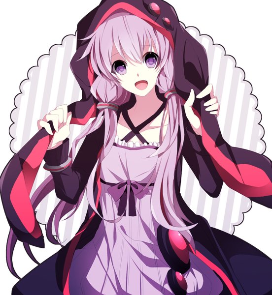 Anime picture 1000x1085 with vocaloid yuzuki yukari etoranze single long hair tall image looking at viewer fringe open mouth purple eyes twintails purple hair low twintails happy girl dress bow hood hair tubes