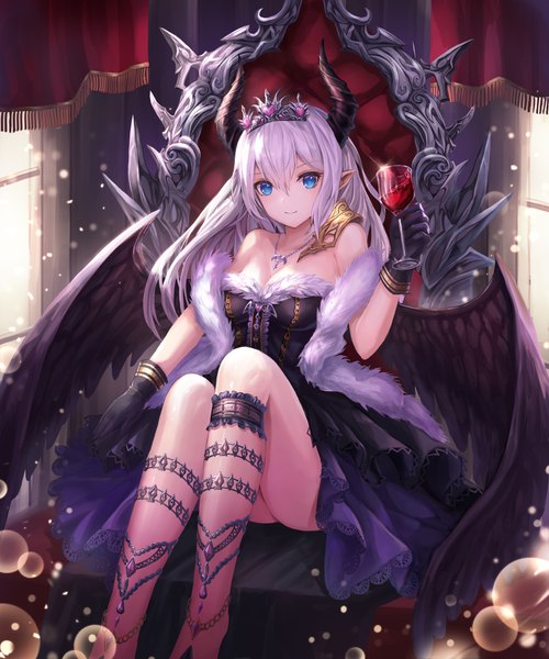 Anime picture 900x1080 with original lunacle single long hair tall image looking at viewer blush fringe breasts blue eyes light erotic smile hair between eyes sitting bare shoulders holding bent knee (knees) horn (horns) light smile pointy ears