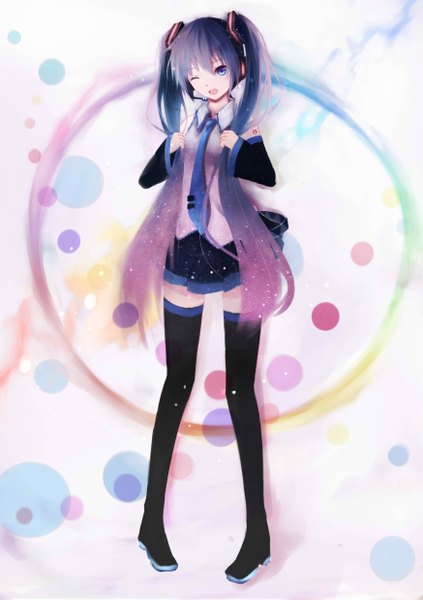 Anime picture 1748x2480 with vocaloid hatsune miku shimmer single long hair tall image looking at viewer fringe highres open mouth blue eyes standing twintails holding blue hair purple hair one eye closed multicolored hair wink tattoo