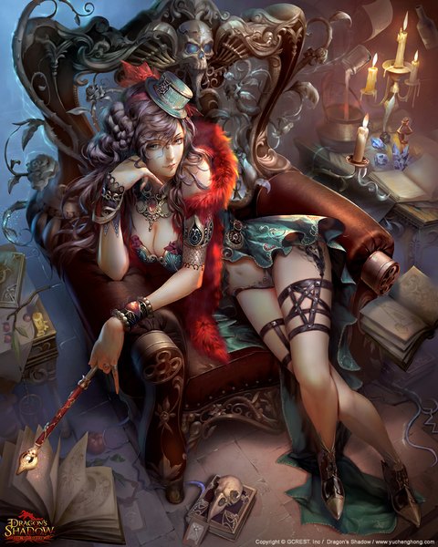 Anime picture 760x950 with dragon's shadow yu cheng hong single tall image fringe breasts light erotic holding cleavage purple hair lips crossed legs bone (bones) girl navel hat fur book (books) mini hat candle (candles)