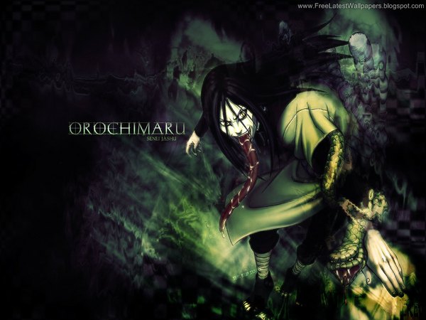 Anime picture 1024x768 with naruto studio pierrot naruto (series) orochimaru tagme (artist) single long hair open mouth black hair yellow eyes looking away fingernails from above inscription teeth saliva pale skin fighting stance serious animal eyes