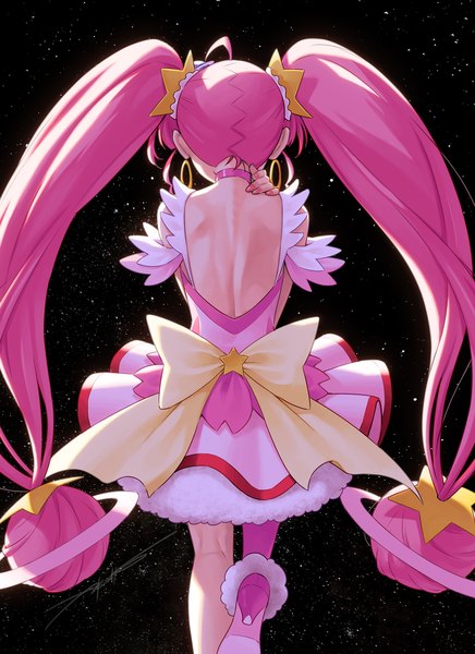 Anime picture 1089x1500 with precure star twinkle precure toei animation hoshina hikaru cure star kazuma muramasa single tall image twintails pink hair ahoge very long hair from behind back bare back magical girl arm around neck girl dress bow