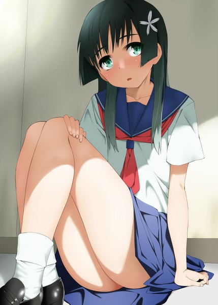 Anime picture 1100x1539 with to aru kagaku no railgun j.c. staff saten ruiko misibe single long hair tall image looking at viewer blush light erotic black hair green eyes girl skirt miniskirt socks serafuku white socks