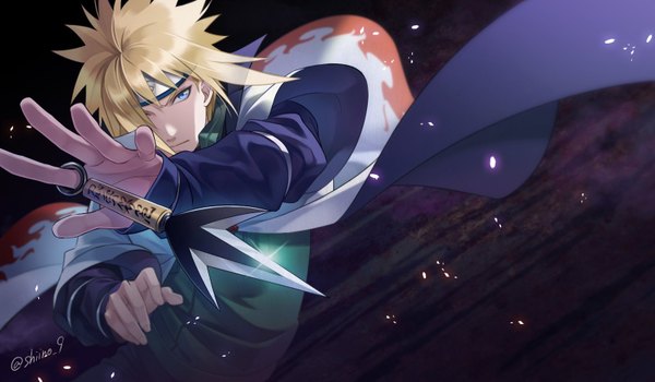 Anime picture 1600x935 with naruto studio pierrot naruto (series) namikaze minato shiino 9 single looking at viewer fringe short hair blue eyes blonde hair wide image signed upper body hair over one eye sparkle twitter username dark background frown hokage