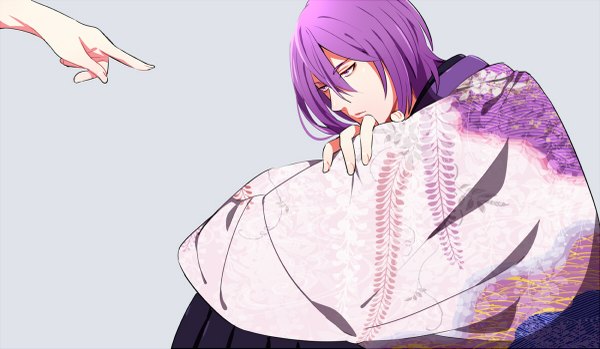 Anime picture 1200x699 with kuroko no basket production i.g murasakibara atsushi yuna (rutera) single short hair simple background wide image sitting purple eyes purple hair traditional clothes japanese clothes grey background boy hand
