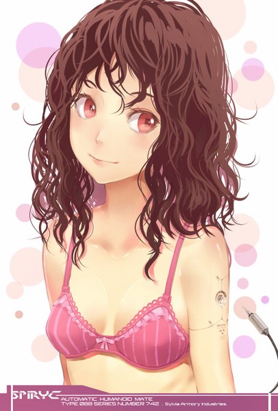 Anime picture 868x1281 with original salmon88 single long hair tall image light erotic red eyes brown hair looking away wavy hair striped girl lingerie bra wire (wires) bow bra robot