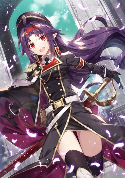 Anime picture 700x1000 with sword art online a-1 pictures yuuki (sao) gabiran single long hair tall image looking at viewer fringe open mouth smile red eyes sky purple hair cloud (clouds) outdoors :d pointy ears girl gloves