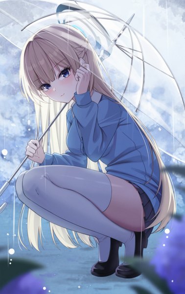 Anime picture 2205x3500 with blue archive toki (blue archive) yt9676 single long hair tall image looking at viewer blush fringe highres breasts blue eyes light erotic blonde hair smile full body blunt bangs arm up squat transparent umbrella