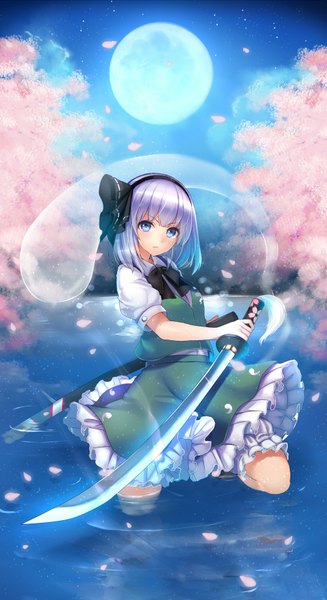 Anime picture 1000x1833 with touhou konpaku youmu tsukiriran single tall image looking at viewer short hair blue eyes white hair night ghost girl dress skirt weapon petals sword water hairband katana