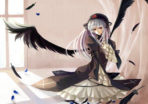 Anime picture 1163x820 with rozen maiden suigintou long hair smile brown eyes silver hair black wings girl dress petals window rose (roses) feather (feathers) wall