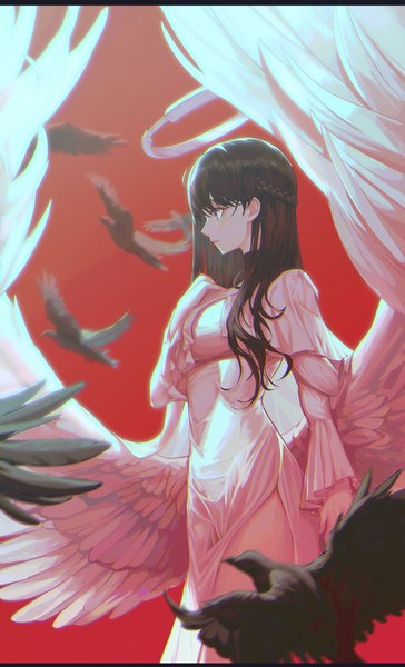 Anime picture 2000x3300 with original xeonomi single long hair tall image fringe highres black hair simple background red eyes standing looking away braid (braids) long sleeves profile hand on chest letterboxed side slit red background angel wings