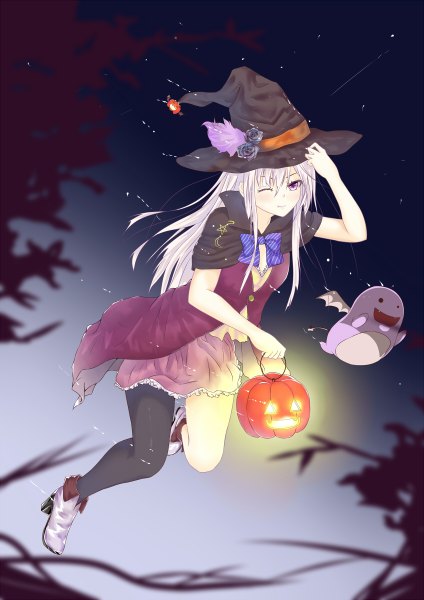 Anime picture 848x1200 with original nazhi single long hair tall image smile purple eyes white hair one eye closed wink night halloween witch girl thighhighs animal witch hat single thighhigh bat