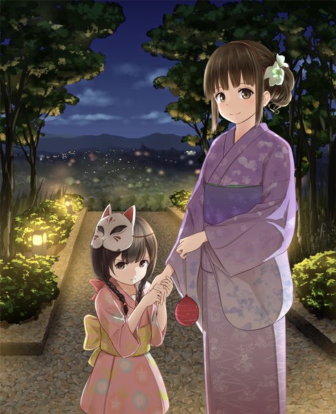 Anime picture 900x1109 with original minagiku long hair tall image looking at viewer fringe black hair smile brown hair multiple girls holding brown eyes cloud (clouds) braid (braids) long sleeves traditional clothes japanese clothes hair flower night wide sleeves