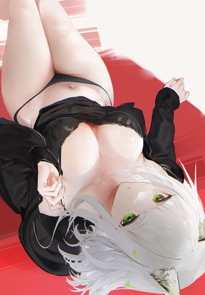 Anime picture 4600x6616 with arknights kal'tsit (arknights) omone hokoma agm single tall image looking at viewer fringe highres short hair breasts light erotic large breasts green eyes animal ears absurdres cleavage silver hair lying blunt bangs long sleeves