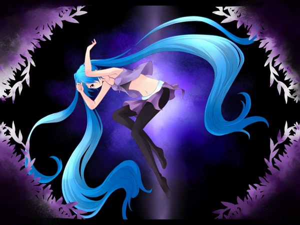 Аниме картинка 1600x1200 с вокалоид хацунэ мику kanna (chaos966) один (одна) длинные волосы чёлка два хвостика синие волосы волосы прикрывают глаз девушка юбка мини-юбка колготки
