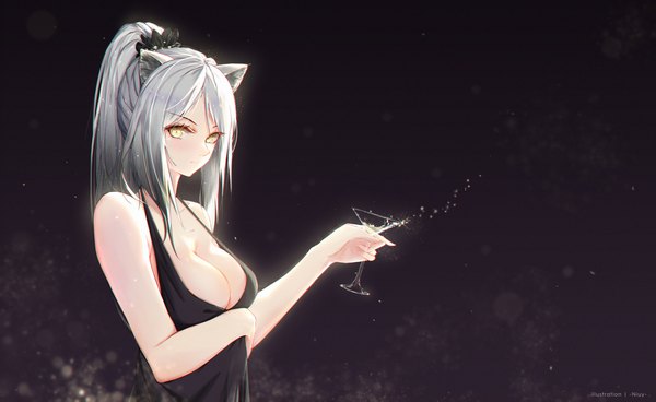 Anime-Bild 5456x3346 mit arknights schwarz (arknights) niuy single long hair looking at viewer fringe highres breasts light erotic simple background smile wide image large breasts standing holding signed animal ears yellow eyes payot